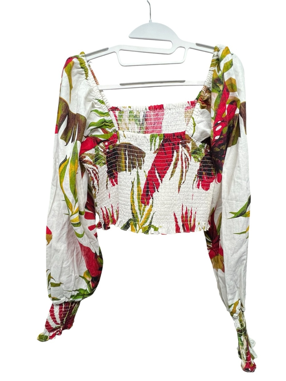 Linen Blend Tropical Print Crop Top with Puffy Sleeves